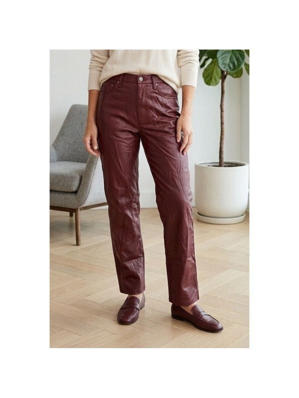 PISTOLA Vegan Faux Leather Straight Pants Sz 26 Red Burgundy City Contemporary